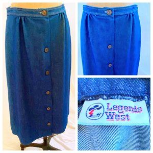 vtg LEGENDS WEST Blue Denim Retro Button Front Midi Skirt Cowgirl Cottagecore S